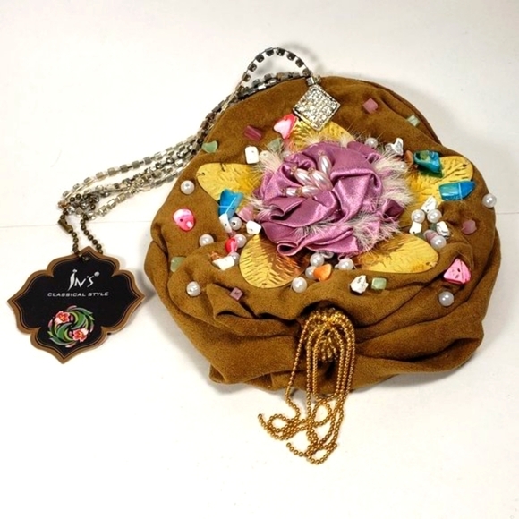 Brown Coin Purse with Pink Satin Flower, Gems & Gold Leaf – Statement Mini Bag - Picture 8 of 12
